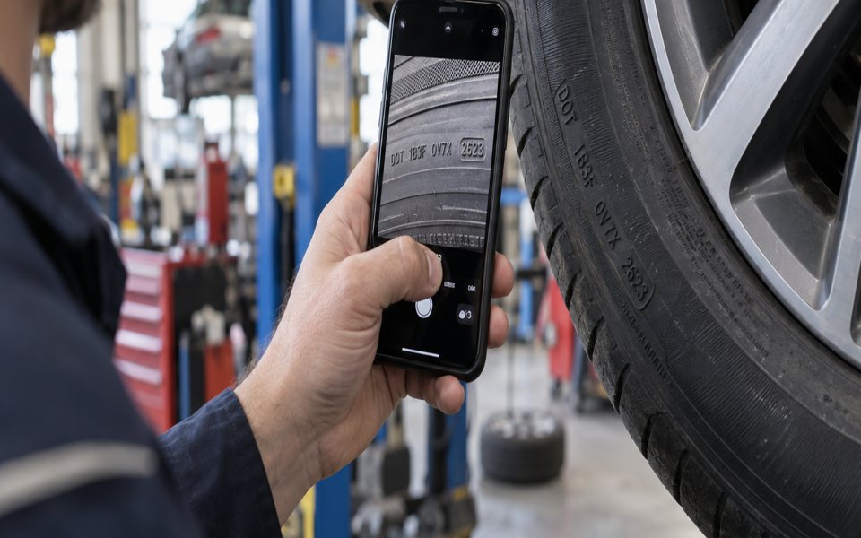 Mechanic photographing a tire DOT code with a phone