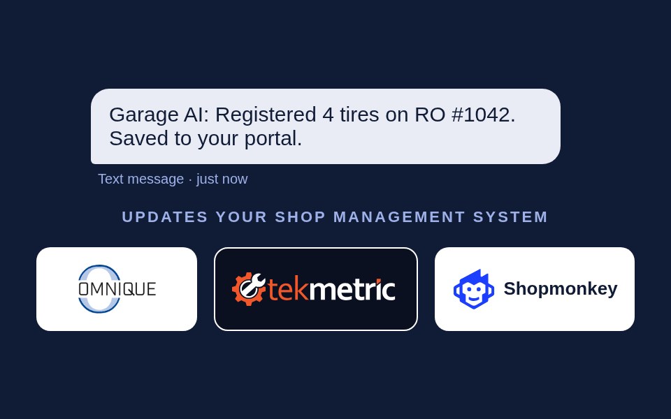 Text message confirmation and shop management system logos (Omnique, Tekmetric, Shopmonkey)